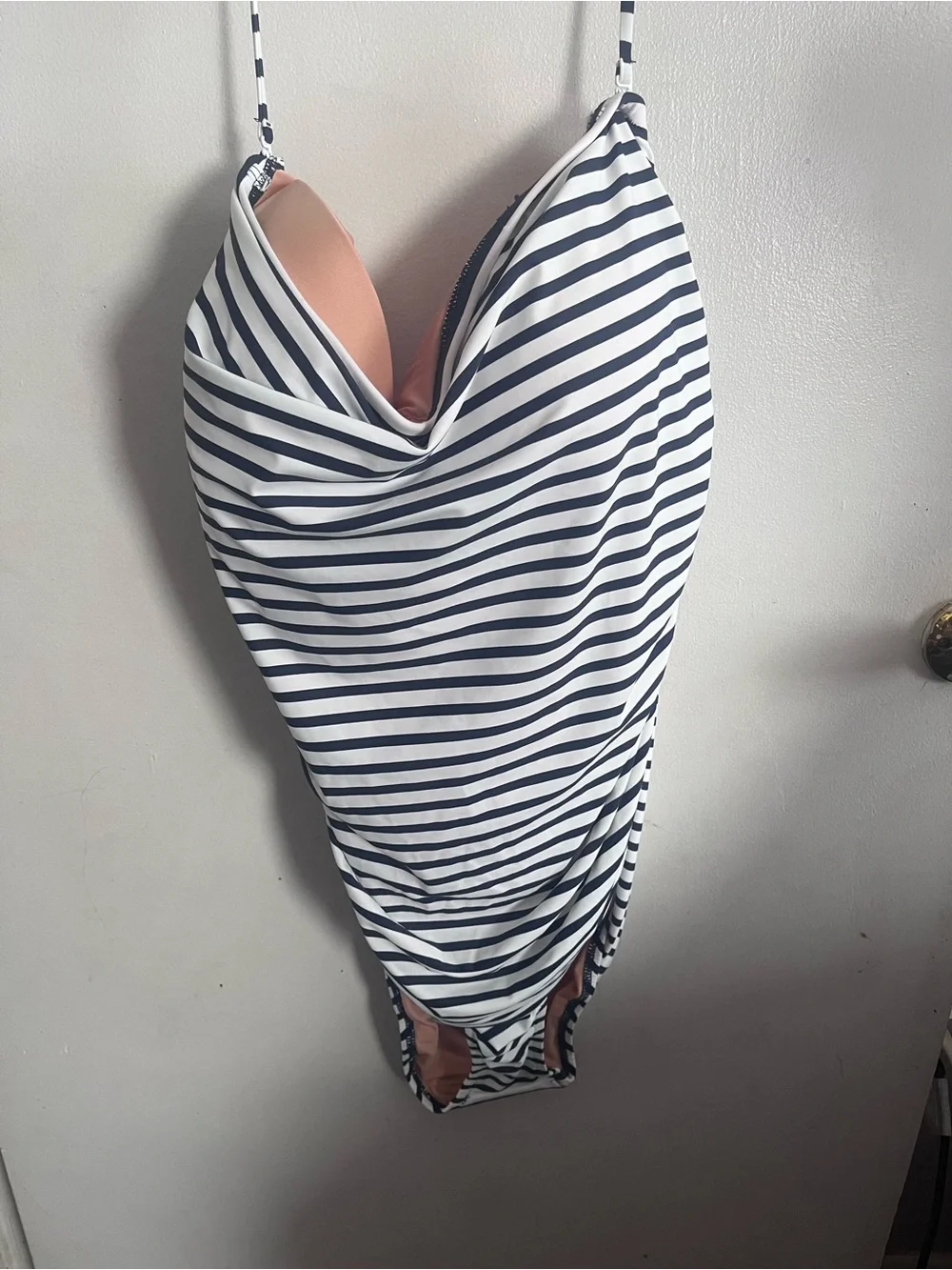 J. Crew Navy & White Striped One-Piece Swimsuit with Pink Lining